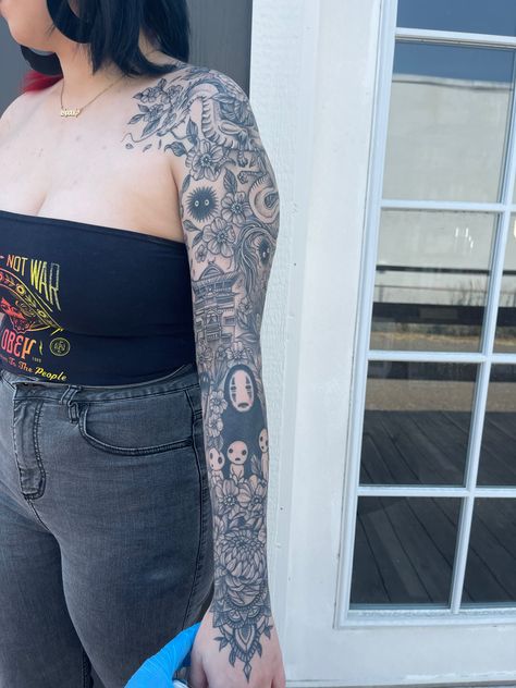 Studio Ghibli Tattoo Thigh, Studio Ghibli Tattoo Sleeve Arm, Studio Ghibli Hand Tattoo, Ghibli Sleeve Tattoo, Studio Ghibli Sleeve Tattoo, Ghibli Tattoo Sleeve, Studio Ghibli Tattoo Sleeve, Studio Ghibli Sleeve, Studio Ghibli Tattoo Ideas