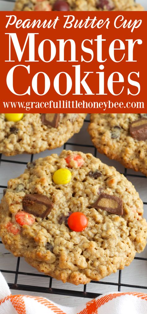 Try these Peanut Butter Cup Monster Cookies for a sweet fall treat that the whole family is sure to love! Go to gracefullittlehoneybee.com for full recipe details. Reese's Pieces Cookies, Butter Flavors, Cherry Pie Cookies, Gourmet Cookie, Reese's Pieces, Pie Cookies, 2024 Recipes, Full Recipes, Cookie Recipes Homemade