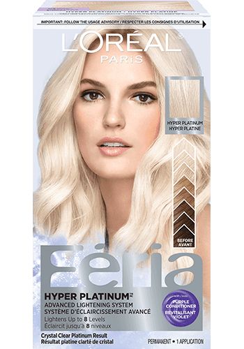 Feria Bleach, Hyper Platinum | L'Oréal Paris Loreal Platinum Blonde, Brown Hair To Light Brown, Loreal Paris Feria, Bleach Hair Dye, Feria Hair Color, Hair Lightening, Bleached Brows, Platinum Hair Color, Purple Conditioner