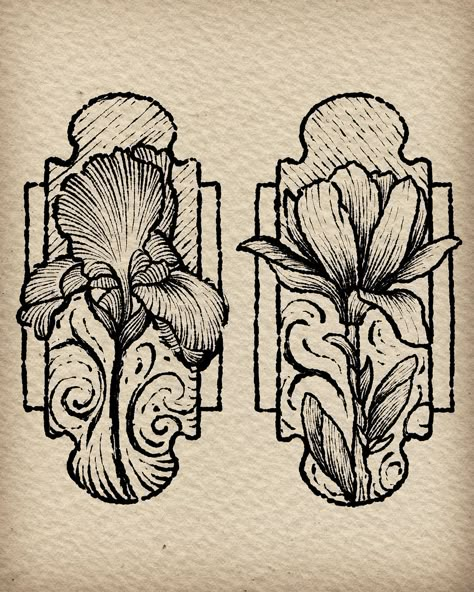 Tattooist Wood | Iris & Magnolia with textured tattooing Reusable flash design Minimum scale 12cm x 5 cm #woodcuttattoo #tattooidea #blackworktattoo… | Instagram 18th Century Tattoo, Wood Texture Tattoo, Wood Tattoo Design, Vintage Art Tattoo, How To Design A Tattoo, Art Noveau Tattoos Women, Textured Tattoos, Trellis Tattoo, Printmaking Tattoo