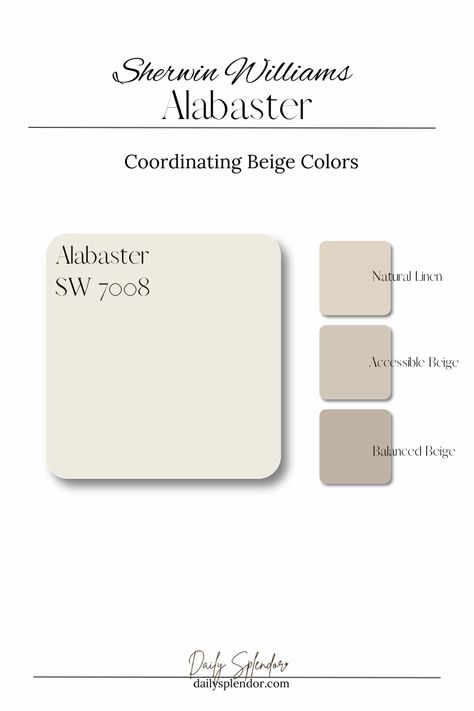 I refer to SW Alabaster as my tried and true white paint color. It’s a neutral white that always holds true to how I expect it to show up in a room.

In rooms bathed in natural light, Alabaster appears perfectly crisp white, but never stark. And in areas with less natural light, the warmth pulls a little more, making it softer and cozier. The ability for it to adapt to different environments and lighting conditions makes it a fail-proof choice for almost any space your are looking to complete. Alabaster Sherwin Williams Accent Colors, Alabaster White Color Palette, Shoji White And Alabaster, Cabinet Colors With Alabaster Walls, Alabaster Sherwin Williams Living Rooms, True White Paint Color, Sw Alabaster Coordinating Colors, Sw Alabaster Walls And Pure White Trim, Swiss Coffee Vs Alabaster