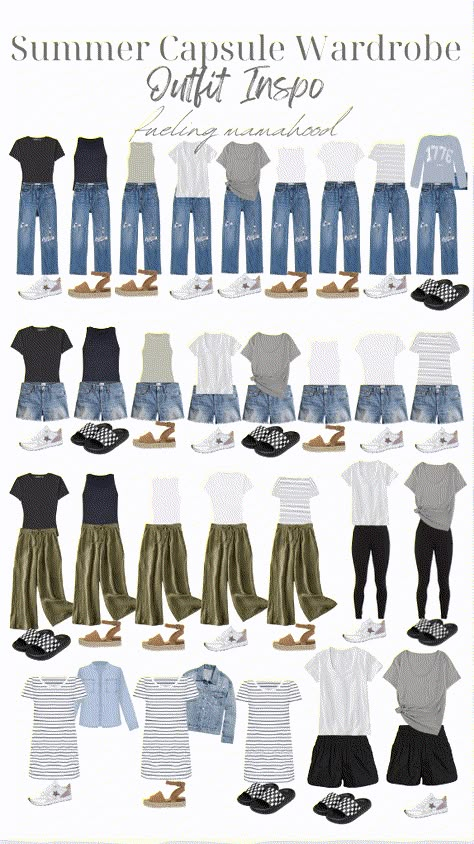 30 Day Capsule Wardrobe Summer, Spring Capsule Outfits 2023, Womens Casual Capsule Wardrobe, Summer Fashion 2024 Mom, Casual Style Wardrobe, Summertime Capsule Wardrobe, Outdoors Capsule Wardrobe, Daily Uniform Outfit, Summer Capsule Wardrobe 30s