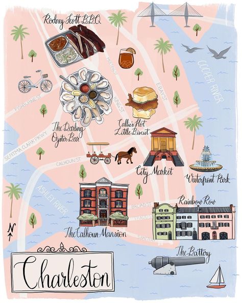 Maral Varolian on Instagram: “Here’s a fun map I illustrated of Charleston, SC over the summer! I went with my family a little over a year ago and I loved it. The food…” Rodney Scott, Illustrated Icons, Charleston Map, Map Illustrations, Illustrated Maps, City Branding, Food Map, American City, Rainbow Row