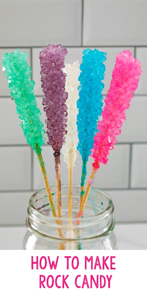 Rock Candy On A Stick, Diy Rock Candy Easy, How To Make Rock Candy Sticks, Rock Candy Recipe Easy Fast, How To Make Rock Candy, Rock Candy Recipe Easy, Sugar Crystal Candy, Making Rock Candy, Sweets On A Stick