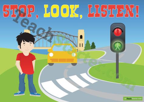 Road Safety Poster - Stop, Look, Listen! Teaching Resource Distracted Driving Poster, Road Safety Quotes, Safety Poster Ideas, Road Safety Slogans, Safety At School, Distracted Driving Awareness, Child Care Activities, Social Awareness Posters, Road Safety Poster