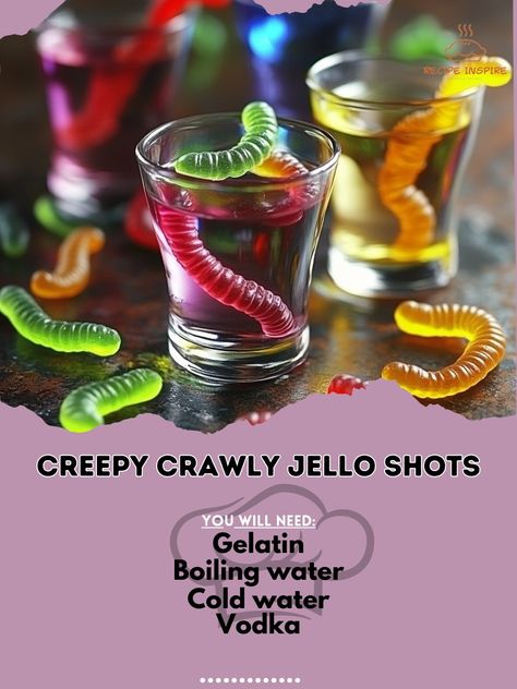 🕷️🍹 Dive into the Creepy Crawly Jello Shots – a spooky treat with a creepy twist that’s perfect for Halloween fun! 🎃👻 #CreepyCrawlyJelloShots #HalloweenTreats Creepy Crawly Jello Shots Ingredients: Gelatin (1 package) Boiling water (1 cup) Cold water (1 cup) Vodka (1 cup) Gummy worms (for garnish) Instructions: Dissolve gelatin in boiling water. Stir in cold water and vodka. Pour into shot glasses and chill until set. Garnish with gummy worms. Get ready for a spine-tingling treat with Cre... Spider Jello Shots, Vodka Gummy Worms, Alcohol Jello Shots, Halloween Jello Shots, Spooky Halloween Treats, Culinary Techniques, Gummy Worms, Spooky Treats, Jello Shots