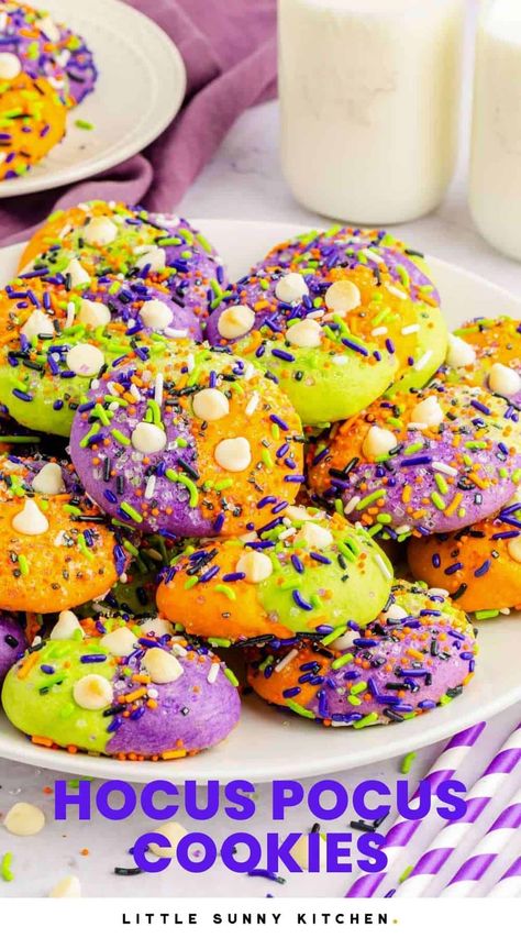 Halloween Hocus Pocus Cookies - Little Sunny Kitchen Hocus Pocus Cookies, Little Sunny Kitchen, Sunny Kitchen, Yummy Sugar Cookies, Colorful Halloween, Halloween Sugar Cookies, Halloween Hocus Pocus, Halloween Baking, Gel Food Coloring