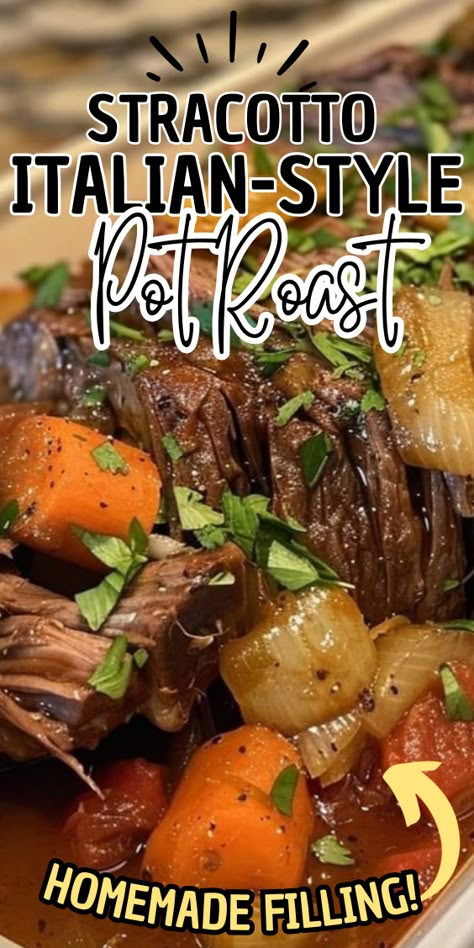 Stracotto: Italian-Style Pot Roast Italian Pot Roast Stracotto, Mediterranean Pot Roast Recipe, Italian Pot Roast And Parmesan Risotto, Italian Pot Roast Oven, Italian Beef Roast Crockpot, Spanish Pot Roast, Italian Chuck Roast Recipes, Tuscan Style Slow Cooked Beef Roast, Pot Roast With Tomatoes