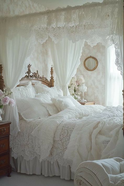 Dreamy Bedrooms Romantic Shabby Chic, Edwardian Bedroom, Lace Bedroom, Shabby Chic Decor Ideas, Vintage Shabby Chic Decor, Cottage Victorian, My Bedroom Ideas, Chic Bedrooms, Cozy Fall Bedroom