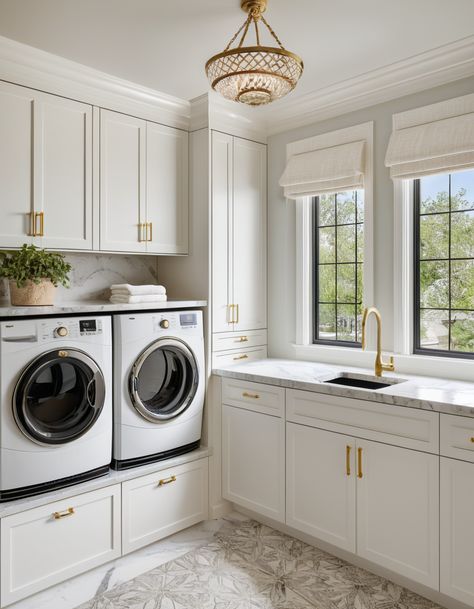 41 Laundry Room Ideas - Discover Styles and Inspirations for Your Home U Shaped Laundry Room Ideas, Laundry Room Quartz Countertop, Long Laundry Room Design, Full Bath Laundry Room Combo Layout, Drop Zone In Laundry Room, Laundry Room With A Window, Laundryroom/mudroom Ideas, Raised Laundry Washer And Dryer, Raised Washer And Dryer Ideas