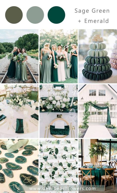 Sage Green And Emerald, Sage Green Wedding Ideas, Emerald Wedding Colors, Sage Green Wedding Theme, Emerald Green Wedding Theme, Green Wedding Ideas, Forest Green Wedding, Wedding Theme Color Schemes, Dark Green Wedding