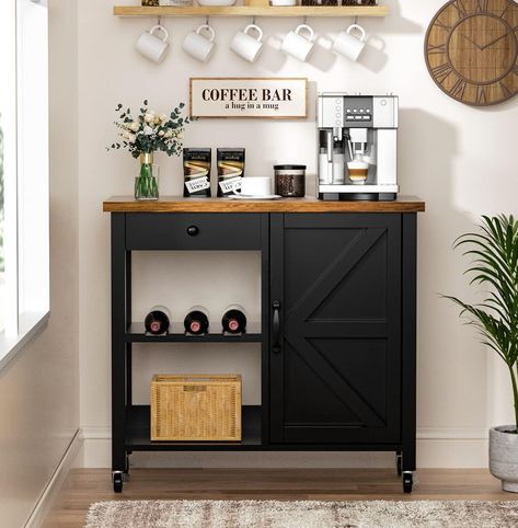 PRICES MAY VARY. Farmhouse Style Coffee Bar Cabinet - Coffee bar cabinet combines delicate wood effects, striking farmhouse barn design and black metal parts to create a farm-style atmosphere that adds a unique aesthetic and rustic charm to your home. Small and exquisite, suitable for small space use. This is an amazing gift not to be missed for your friends who are decorating their homes. Multi-Functional Coffee Station Table - Coffee bar with 2 fixed open shelves, a drawer and cabinet, to meet Coffee Necessities, Corner Coffee Bar, Coffee Bar Cart, Coffee Bar Cabinet, Cart On Wheels, Coffee Bar Station, Farmhouse Coffee Bar, Coffee Bars In Kitchen, Home Coffee Bar