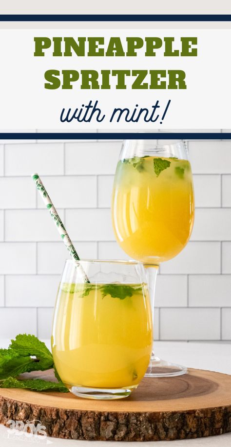 Fill your glass with this Pineapple Mint Spritzer Mocktail Recipe! It's the perfect refreshing drink for anyone in the family. Mocktail Glasses, Mint Mocktail, Best Mocktail Recipe, Easy Mocktail Recipes, Mocktail Drinks, Pineapple Mint, Mocktail Recipes, Mixed Drinks Alcohol, Mint Recipes