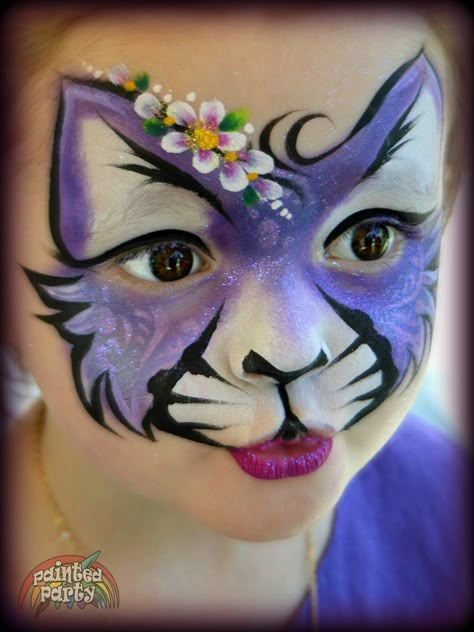 Denise Cold || pretty purple cat with double duped flowers Cat Face Paintings, Kitten Face Paint, Cat Face Painting For Kids, Face Paint Cat, Cat Face Paint Easy, Purple Face Paint, Cat Face Painting, Cat Face Paint, Kitty Face Paint