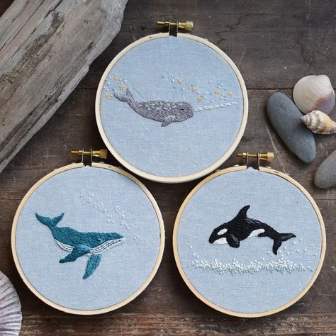 Sea Embroidery Ideas, Ocean Embroidery, Whale Embroidery, Whale Swimming, Animals Embroidery, Learning To Embroider, Whale Design, Basic Embroidery, The Deep Blue Sea