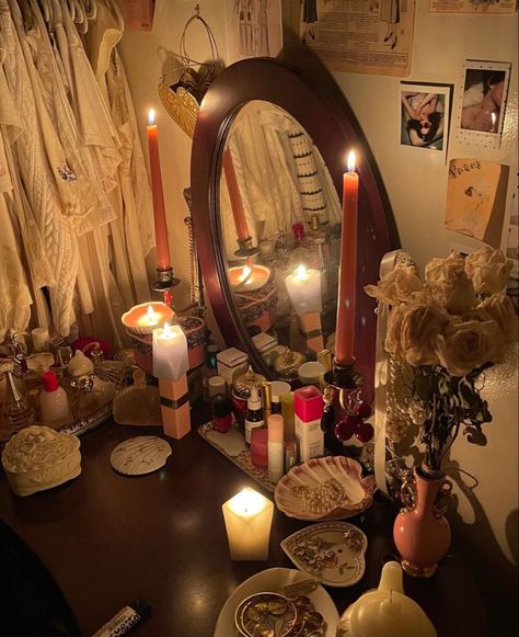 Love Witch Bedroom, Goth Room Aesthetic, Dark Coquette Room, Dark Feminine Bedroom, Bedroom Side Table, Feminine Room, Feminine Bedroom, Bedroom Trends, Uni Room