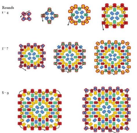 Seed Bead Granny Square, Seed Bead Tutorial Free, Huichol Beading Pattern, Beaded Granny Square, Seed Bead Bracelet Patterns Free, Miyuki Beads Pattern Tutorial, Bead Weaving For Beginners, Seed Beading Patterns, Delica Bead Patterns