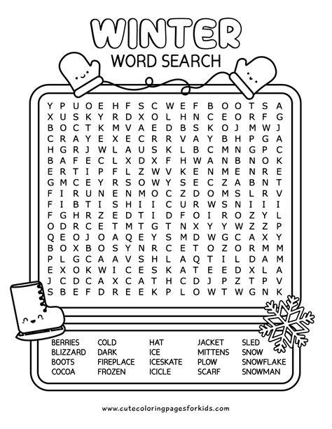 Cute Coloring Pages For Kids - Free Printable Coloring Sheets for Kids Holiday Word Search For Kids, Winter Templates Free Printable, Free Winter Activities For Kids, Winter Activity Sheets For Kids, 2nd Grade Word Search Free Printable, Winter Word Search Free Printable, Winter Color Pages, Wordsearches For Kids Free Printable, Winter Activity Pages