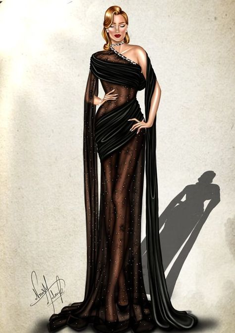 The Magic of Fashion Unveiled in Illustrations Black Dress Fashion Illustration, Design Dresses Drawing Fashion Sketches, Fashion Design Collection Drawing, Digital Dress Illustration, How To Draw Design Fashion, Digital Dress Design, Dress Designs Sketch, Black Dress Sketch, Pop Art Fashion Illustration