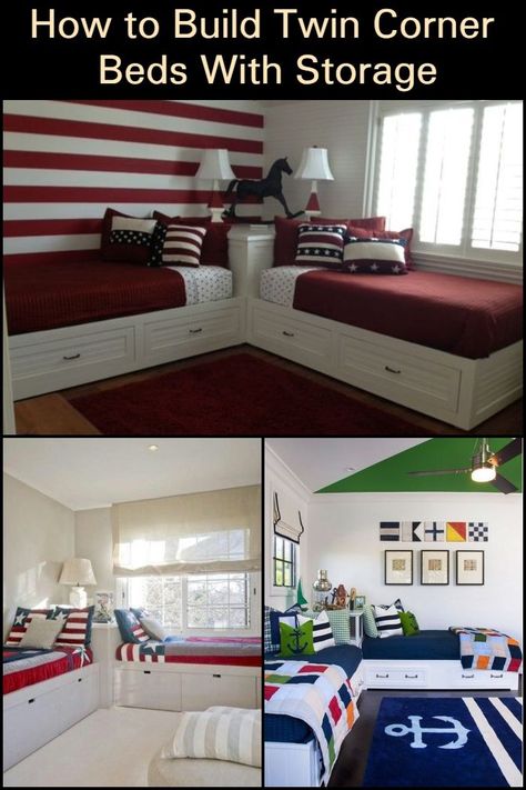 Build this twin corner bed for the kids! Game Room With Twin Bed, Two Twin Beds In Corner, Twin Corner Bed, L Shaped Beds Twin Shared Bedrooms Diy, L Shaped Twin Beds With Corner Unit, Diy L Shaped Bed, Corner Bed For Kids, Corner Twin Bed Ideas, L Twin Beds