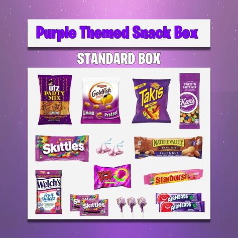 Purple Snacks, Welches Fruit Snacks, Purple Gifts, Theme Snack, Graduation Party Backdrops, Snack Boxes, Sweet 16 Birthday Cake, Packaged Snacks, Hershey's Kisses