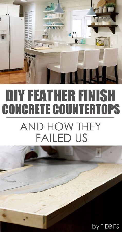 DIY Feather finish concrete countertops - and how they failed us. Feather Finish Concrete Countertops, Feather Finish Concrete, Concrete Counters, Kitchen Concrete, Diy Feather, Countertops Concrete, Kitchen Remodel Countertops, Concrete Countertops Kitchen, Kitchen Countertop Materials