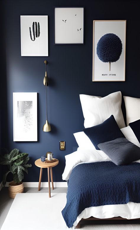 Bedroom Ideas For Guys, Modern Scandinavian Interior Design, Scandinavian Bedroom Decor, Navy Bedrooms, Dark Blue Bedrooms, Navy Blue Bedrooms, Modern Scandinavian Interior, Minimalist Bedroom Decor, Blue Accent Walls