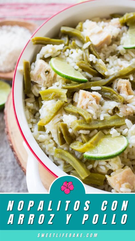 Easy Nopales with Rice & Chicken in a bowl. Chicken And Nopales Recipe, Arroz Recipe, Nopalitos Recipe, Salsa Verde Sauce, Nopales Recipe, Hispanic Recipes, Mexican Flavors, Verde Sauce, Rice Chicken