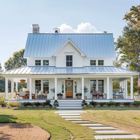 Farmhouse Rooms | Which farmhouse would you like to live? 🤗 Credit: @farmhouseplans #farmhouseaninterior #farmhouseinteriordesign #farmhouserenovation… | Instagram Farmhouse With White Windows, Playhouse Porch, Farmhouse Houseplans, Classic Farmhouse Exterior, Classic Farmhouse Plans, Small Horse Farm, White House With Blue Shutters, Farmhouse Cottage Plans, Old Farmhouse Remodel