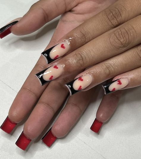 Black French With Red Hearts, Red And Black Tapered Square Nails, Y2k Nails Short Red, Red Bottom Valentine Nails, Short Square Valentines Nails Red, Black Red Valentines Nails, Black Nails Red Heart, Short Red Bottom Nails, Valentines Nails Black And Red