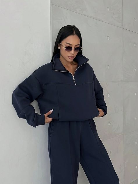 2 PCs Solid Color Sweater Pants Suit, Long Sleeve Quarter Zip Drop Shoulder Sweatshirt And Sweatpants With Pockets, Women's Clothing Navy Casual  Long Sleeve Tweed Plain  Slight Stretch Fall/Winter Women Clothing, size features are:Bust: ,Length: ,Sleeve Length: Y2k Winter, Leisure Fashion, Jogging Suit, Korean Casual, Tracksuit Set, Hoodie Outfit, Fall Jackets, Dress Clothes, Color Fabric