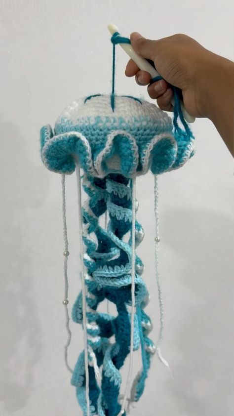 Hanging Jellyfish Decor, Jellyfish Decor, Crochet Valentines, Jellyfish Decorations, Crochet Jellyfish, Hanging Crochet, Crocheted Jellyfish, Crochet Fish, Handmade Hanging