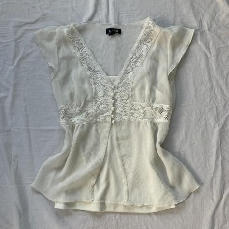 Coquette babydoll white blouse. Lace detail. Empire... - Depop Empire Waist Blouse, Y2k Blouse, Empire Waist Shirt, Coquette Lace Top, Lace Undershirt Coquette, Babydoll Top Outfit, Coquette Babydoll Top, Lace Coquette Camisole, White Babydoll Top