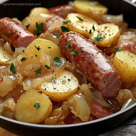 Sausage And Sauerkraut Recipes Skillet, Meals With Polish Sausage, Sausage And Sour Kraut Recipes, Bratwurst And Sauerkraut Recipes, Polish Sausage Recipes Easy, Saurkraut Recipes Meals, Sausage Sauerkraut Potatoes, Sausage And Sauerkraut Recipes, Smoked Sausage And Sauerkraut