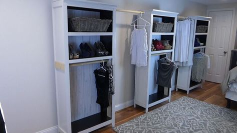 What do you do when you need more closet space? You could knock down some walls and build one... or grab a book case or two and create a Bookcase Closet. You’ll need (do your material shopping on Amazon at THIS LINK - the affiliate link proceeds are donated to no-kill animal shelters and rescue organizations ❤ ):* A couple of bookcases * Metal closet pole sockets and a round wood dowel – this one is 1 and a quarter inches in diameter and will fit inside the pole sockets * A miter… Bookcase Closet Diy, More Closet Space, Bookcase Closet, Metal Closet, Simple Closet, Animal Shelters, Diy Closet, Neat Ideas, Declutter Your Home