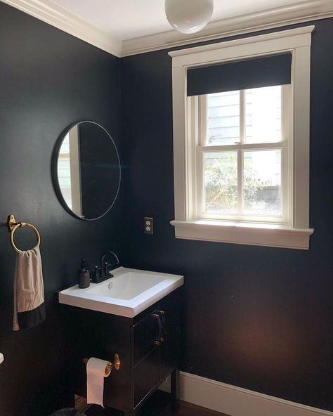 Black Bathroom Small Spaces, Black Paint Small Bathroom, Black Painted Bathroom Wall, Small Bathroom With Black Walls, Half Bath Black Accent Wall, Black Bathroom Wall Ideas, Black Bathroom Paint Colors, Small Bathroom With Black Vanity, Black Paint In Bathroom