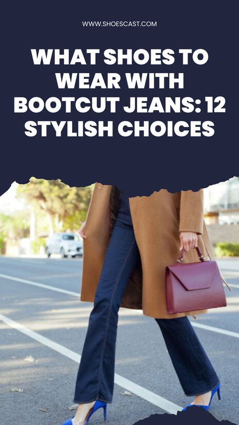 Bootcut jeans are getting their fame back. With fashionistas stating that these pants look great on every body type, women seem to be falling in love with them. But what shoes to wear with bootcut jeans? It’s one thing to buy a pair, but how do you style them? #shoecast #Shoes #ShoeLove #ShoeStyle #ShoeAddict #FashionShoes #Footwear #ShoeObsession #Sneakers #HighHeels #Boots #FlatShoes #SandalSeason #ShoeInspiration #ShoeGoals #ShoeOfTheDay Best Shoes For Boot Cut Jeans, Bootcut Jeans Outfit Classy, Boot Cut Jeans Shoes, Bootcut Jeans And Boots Outfit, Skyscraper Jeans Outfit, Shoes For Boot Cut Jeans, Kick Boot Jeans Outfits, Shoes For Bootcut Jeans For Women, Boots With Bootcut Jeans