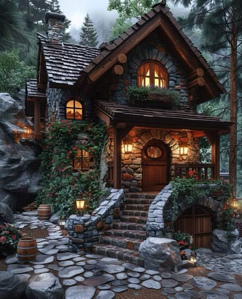 Fantasy Cottage Interior, Fairytale Houses, Fantasy Cottage, Magical House, Fairytale House, Log Cabin Rustic, Forest Cottage, Fairytale Cottage, Cottage Exterior