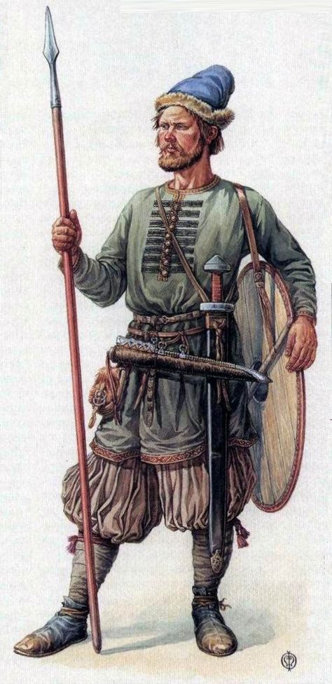 Warriors of Russia  Armament - one-handed axes or spears. Defensive armor - quilted armor with sleeves (gambeson). Costume Viking, Historical Warriors, Ancient Warfare, Early Middle Ages, Russian History, Viking Age, Anglo Saxon, Dark Ages, Medieval Fantasy