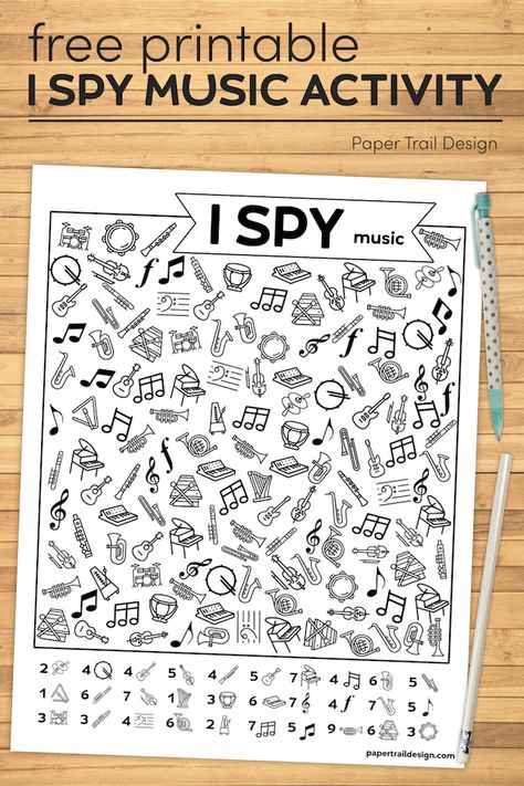 Use our free printable music activity as a boredom buster with kids stuck at home or as a fun part of music education in a classroom. #papertraildesign #music #ispy #ispymusic #musicispy #musicactivity #musicispyactivity Music Worksheets Elementary, Music Class Crafts, Elementary Music Program Ideas, Music Teacher Resources, Music Math Worksheet, Music Teacher Activities, Music Math Activities Preschool, Music Worksheets For Kids Printables, Music Classroom Ideas