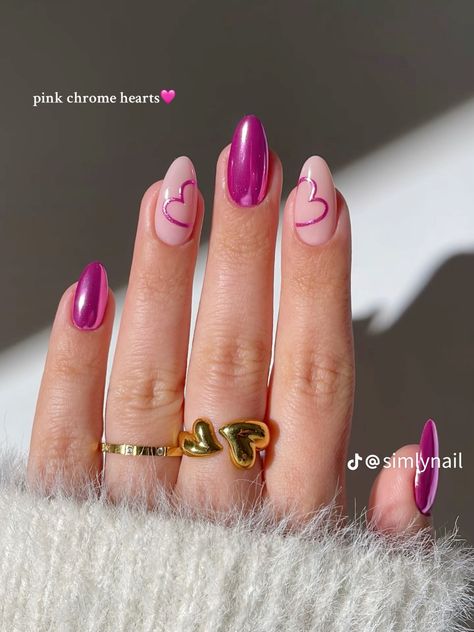 Magenta Pink Purple Valentine Heart Nail Design Metallic Pink Chrome Powder Nails, Valentines Nails With Chrome, Valentines Nail Designs 2025, 2025 Valentine’s Day Nails, Valentines Inspo Nails, Valentine Nails Chrome, Chrome Nails Valentines, Cute Nails For February, Chrome Nails Winter