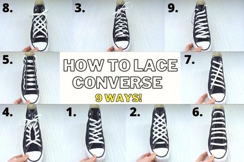 How To Lace Converse Different Ways To Lace Converse High Tops, Creative Ways To Lace Converse, Cool Ways To Lace Converse High Tops, Ways To Lace Shoes Converse, High Top Lace Patterns, Shoe Lace Patterns High Tops, Ways To Tie Shoelaces Converse, Lacing Converse High Tops, Shoe Lace Patterns Converse High Tops