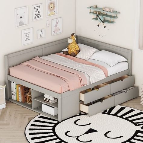 Full Size Wood Daybed with Drawer, House Platform Bedframe with Shelves for Kids,Teens, No Box Spring Required - Bed Bath & Beyond - 39834193 Kids Platform Bed, Kids Bed Design, Full Size Daybed, Bed In Corner, Daybed With Drawers, Wood Daybed, Bed Shelves, Bed With Drawers, Under Bed