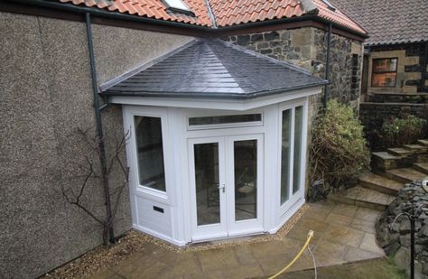 White uPvc corner porch Corner Porch, Bungalow Porch, Timber Frame Porch, Glass Porch, Porch Kits, Garden Room Extensions, House Porch, Corner Door, Porch Windows