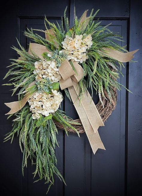 Year Round Wreath Everyday Wreaths Hydrangea Wreath Front - Etsy Farmhouse Wreaths, Etsy Wreaths, Everyday Wreaths, Front Door Wreaths, Door Wreaths Diy, Outdoor Wreaths, Hydrangea Wreath, Year Round Wreath, Wreath Farmhouse