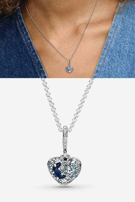 Sparkling Blue Moon & Stars Heart Necklace  Celebrate the beautiful night sky with the Sparkling Blue Moon & Stars Heart Necklace. Hand-finished in sterling silver, this heart-shaped pendant is decorated with blue stones, silver stars and features a half-moon stone, which is a brand-new addition to Pandora jewelry. Beautiful Night Sky, Pandora Necklace, Necklace Moon, Blue Stones, Beautiful Night, Moon And Stars, Moon Stars, Blue Decor, Pandora Jewelry