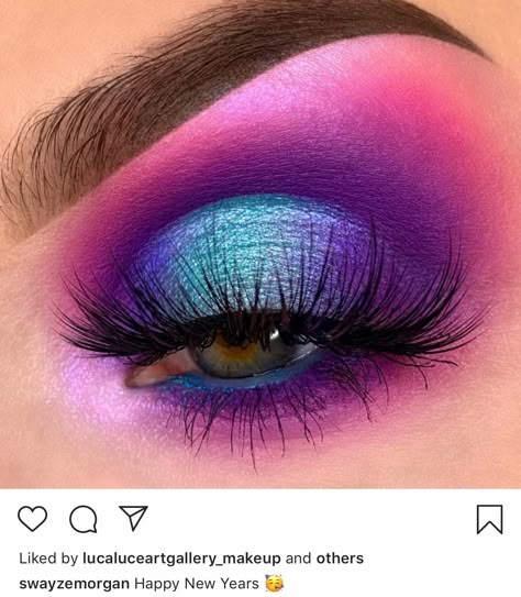 Purple And Turquoise Eye Makeup, Pink Purple And Blue Eyeshadow Looks, Pink And Purple Glitter Makeup, Pink Blue And Purple Makeup Looks, Pink Purple Blue Eye Makeup, Purple Pink Blue Eyeshadow, Pink Blue Eyeshadow Looks, Fun Purple Eye Makeup, Bright Purple Eyeshadow