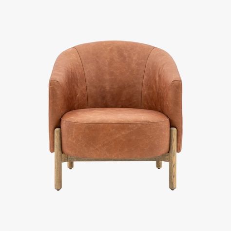 Relaxer Armchair in Vintage Brown Leather | Perch & Parrow Curved Back, Armchair Vintage, Round Leather, Sofa Armchair, Leather Bucket, Leather Armchair, Occasional Chairs, Sofas And Chairs, Leather Chair