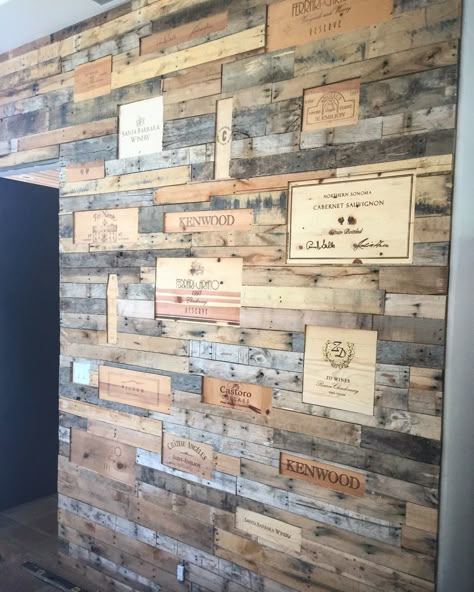 Pallet wall I made for my friends Mom! Pallet Wall Kitchen, Cellar Bar, Beer Box Wall, Wine Crate Shelves, Pallet Wall Wine Rack, Wine Crate Wall, Wine Box Shelves, Tv Wall Design Luxury Tvs, Wine Crate Paneling