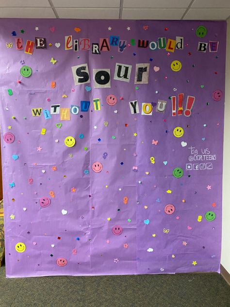 Olivia Rodrigo Bulletin Board, Purple Bulletin Board Ideas, Teen Bulletin Board, Olivia Rodrigo Album, Book Bulletin Board, School Library Displays, Library Bulletin Board, School Decor, Library Displays